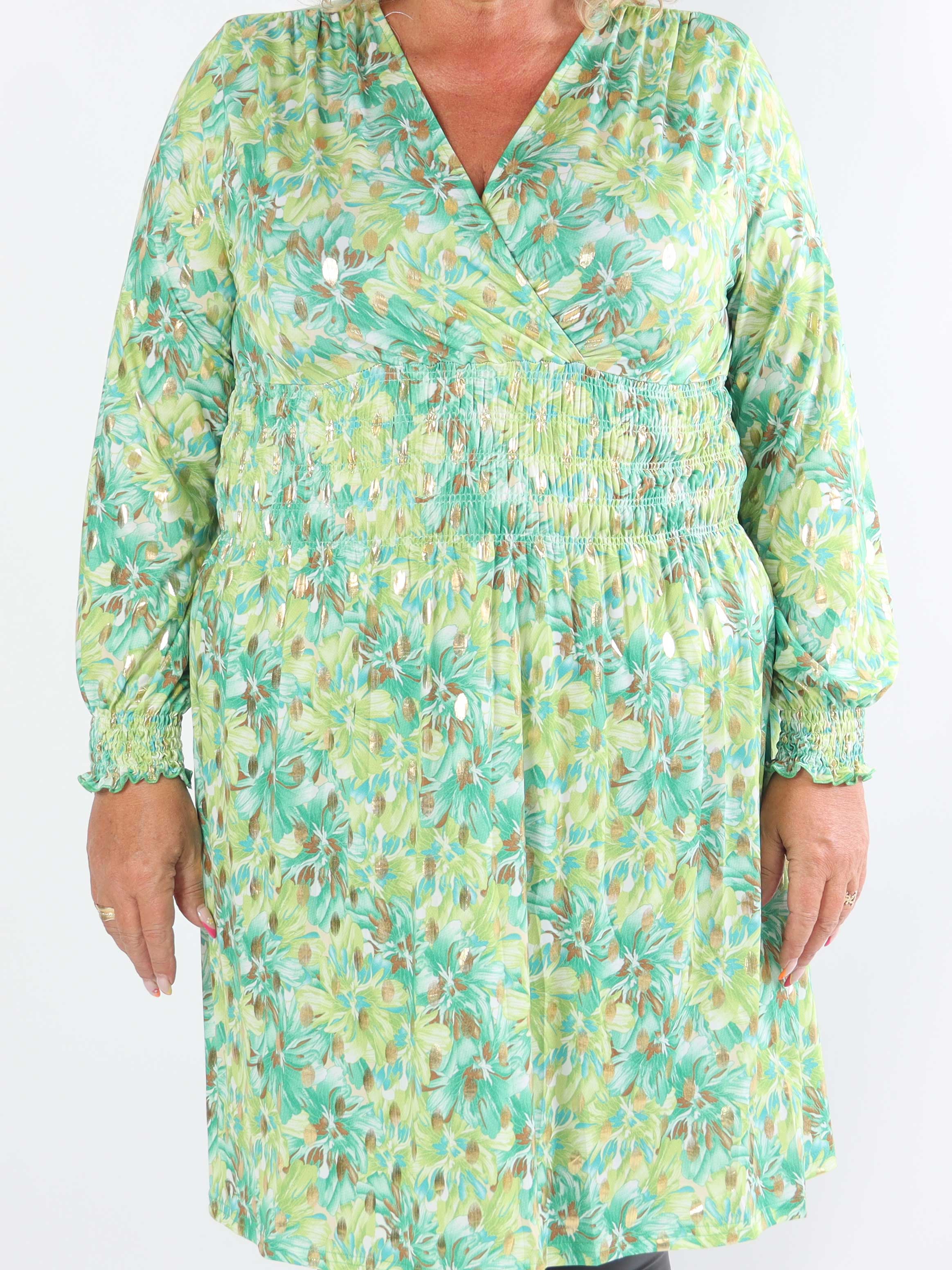 Pams Floral Short L/S - Elastisk plus size kjole med smock i livet
